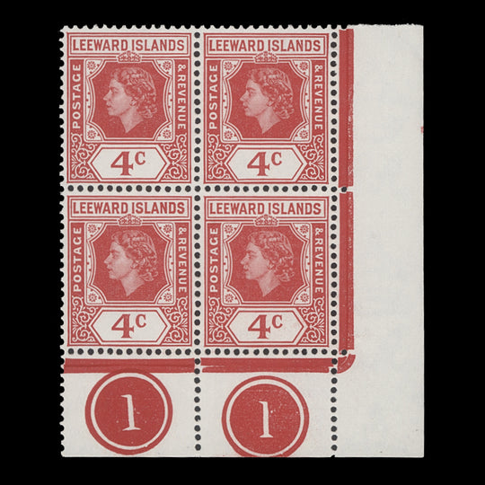 Leeward Islands 1954 (MNH) 4c Queen Elizabeth II plate block