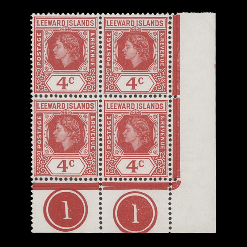 Leeward Islands 1954 (MNH) 4c Queen Elizabeth II plate block