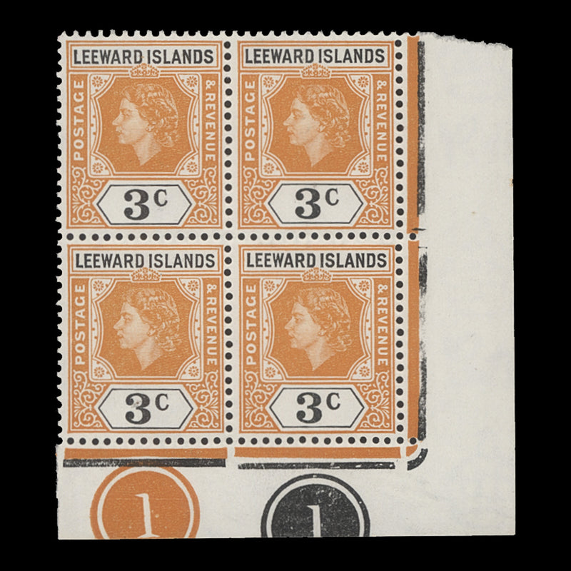 Leeward Islands 1954 (MNH) 3c Queen Elizabeth II plate block