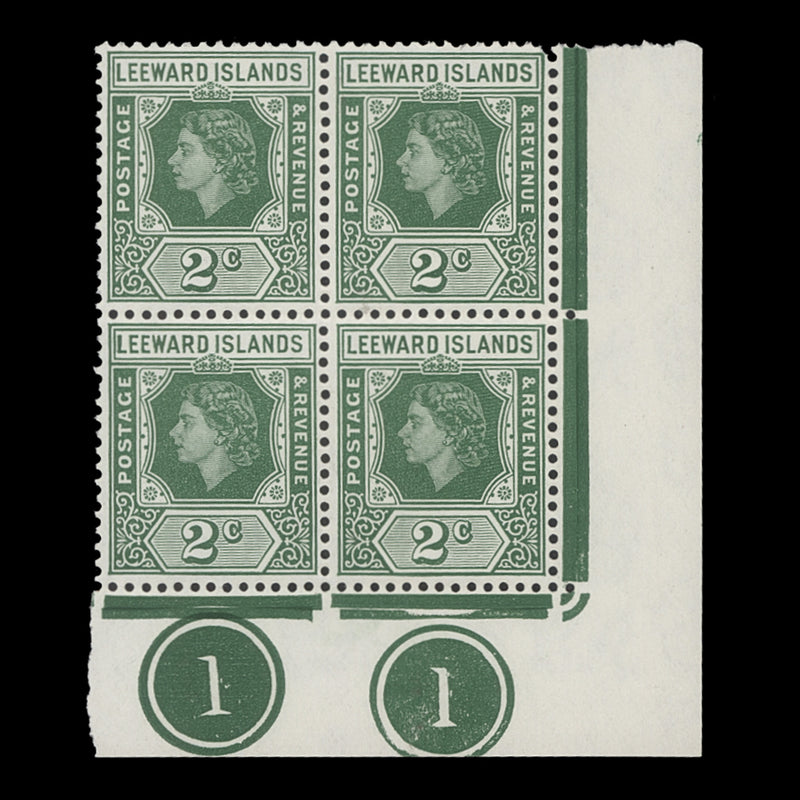 Leeward Islands 1954 (MNH) 2c Queen Elizabeth II plate block