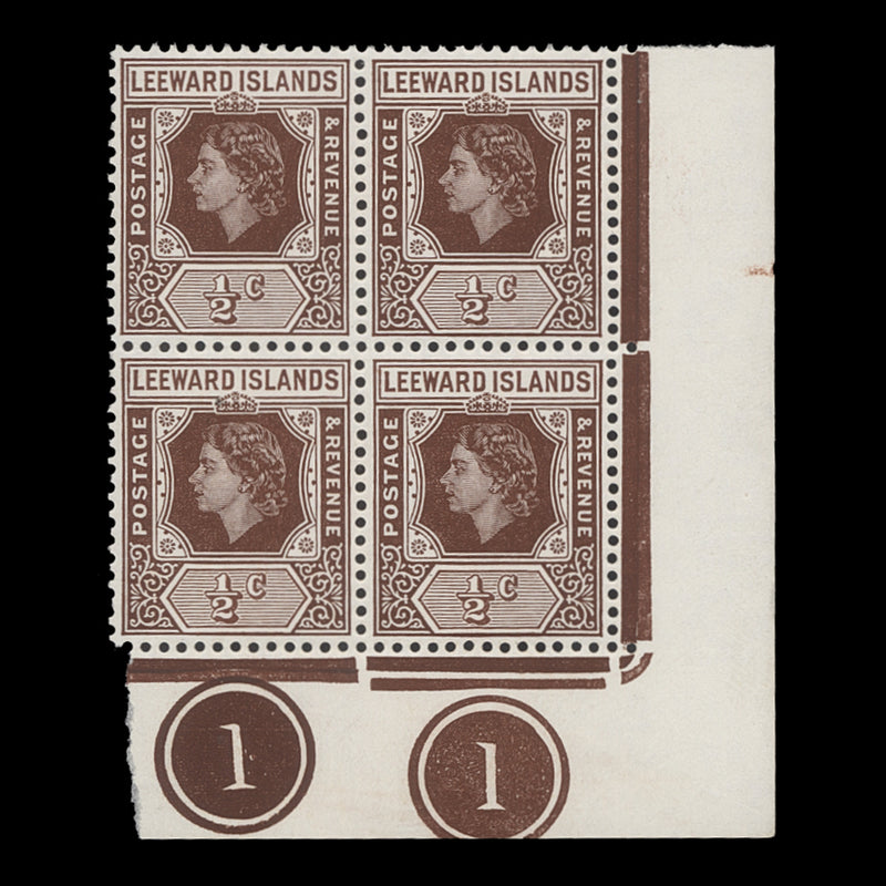Leeward Islands 1954 (MNH) ½c Queen Elizabeth II plate block