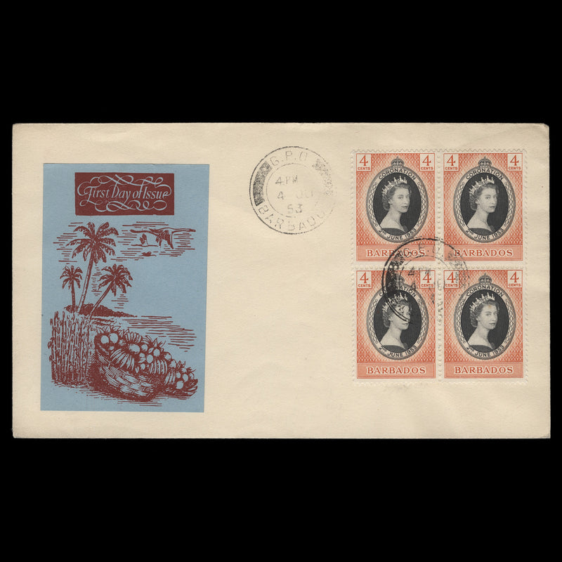 Barbados 1953 (FDC) 4c Coronation block, CIRCULATION BRANCH