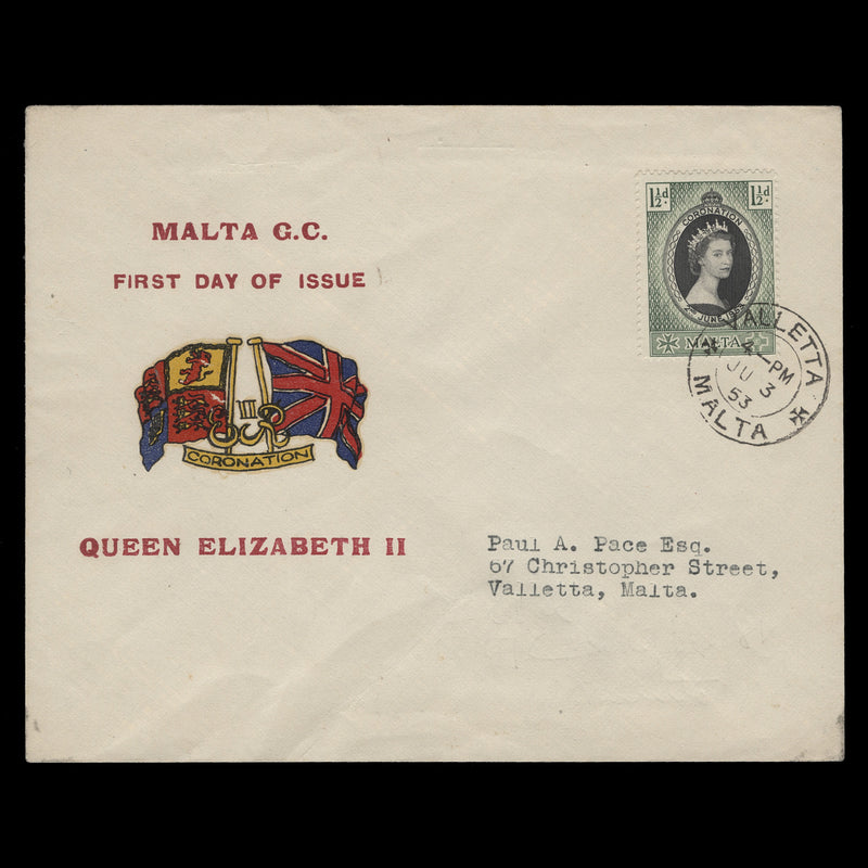 Malta 1953 (FDC) 1½d Coronation, VALLETTA