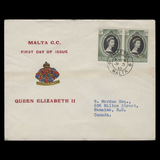 Malta 1953 (FDC) 1½d Coronation pair, VALLETTA