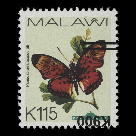 Malawi 2020 (Variety) K900/K115 Pseudacraea Boisduvali with inverted surcharge
