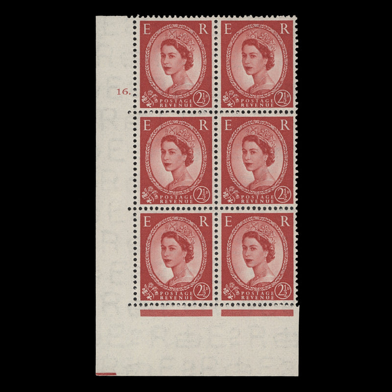 Great Britain 1952 (MLH) 2½d Carmine-Red cylinder 16. block, E/I, Tudor crown