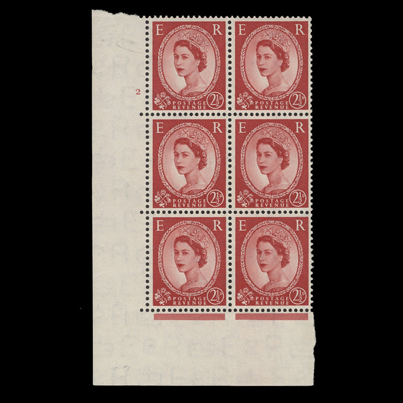 Great Britain 1952 (MNH) 2½d Carmine-Red cylinder 2 block, E/I, Tudor crown