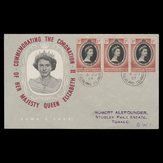 Falkland Islands 1953 (FDC) 1d Coronation strip, PORT STANLEY