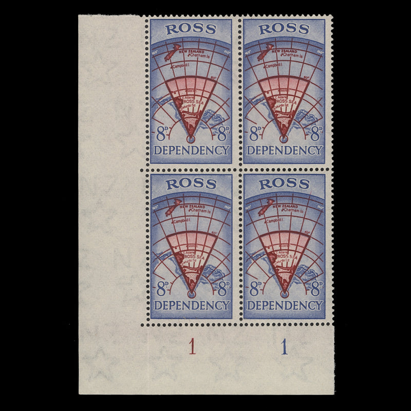 Ross Dependency 1957 (MNH) 8d Map plate 1–1 block, ultramarine shade