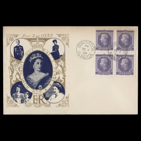 Canada 1953 (FDC) 4c Coronation block, CORONATION