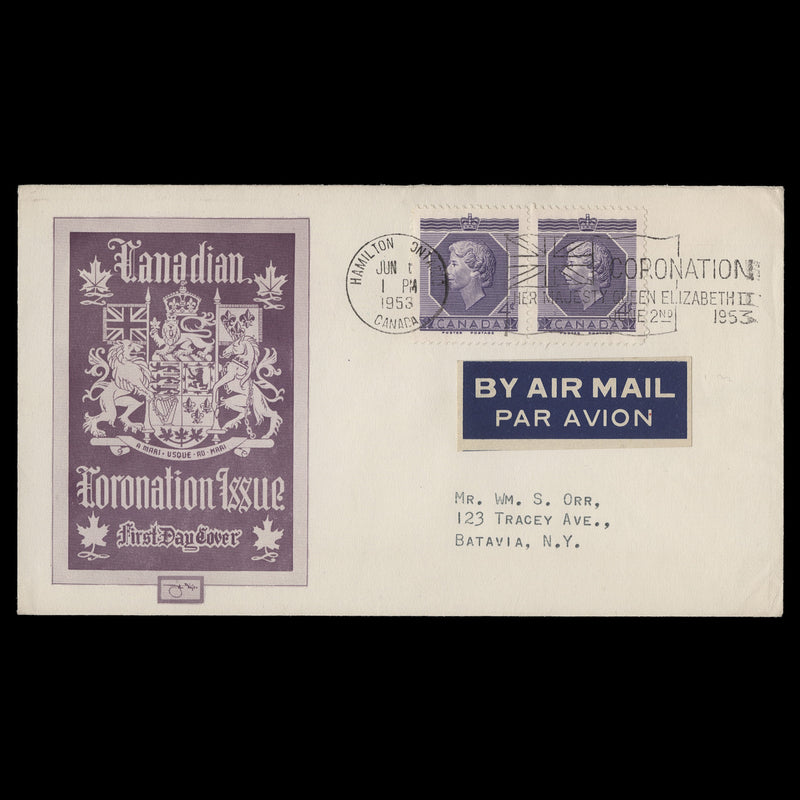 Canada 1953 (FDC) 4c Coronation pair, HAMILTON