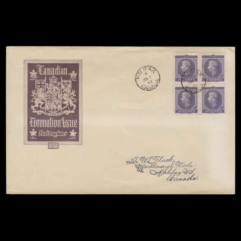 Canada 1953 (FDC) 4c Coronation block, HALIFAX