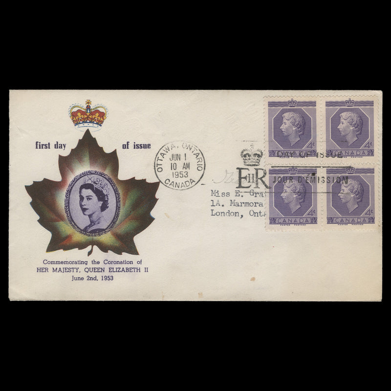 Canada 1953 (FDC) 4c Coronation block, OTTAWA