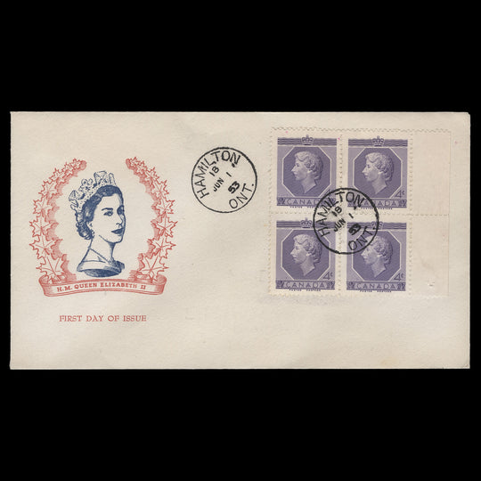 Canada 1953 (FDC) 4c Coronation block, HAMILTON