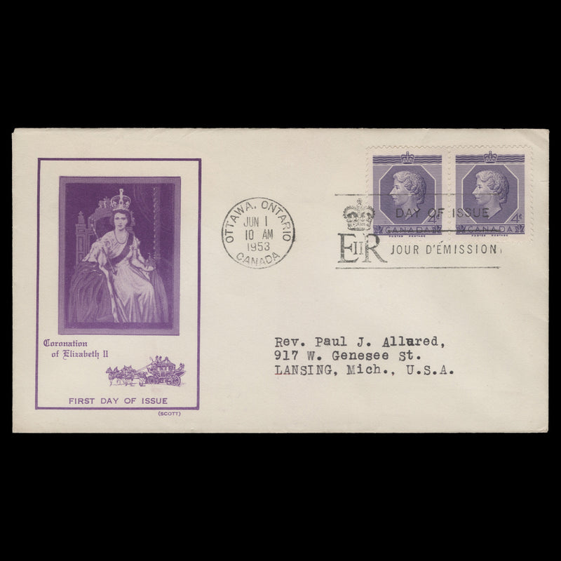 Canada 1953 (FDC) 4c Coronation pair, OTTAWA