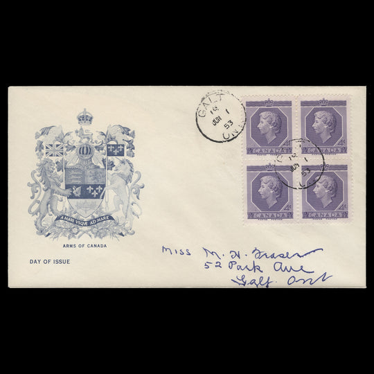 Canada 1953 (FDC) 4c Coronation block, GALT