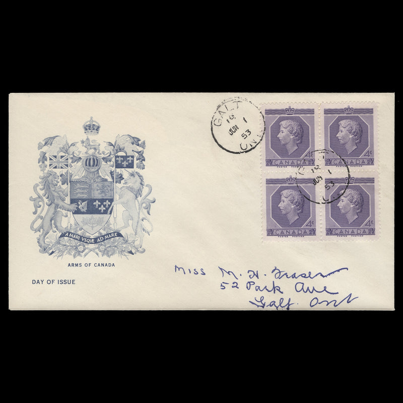 Canada 1953 (FDC) 4c Coronation block, GALT