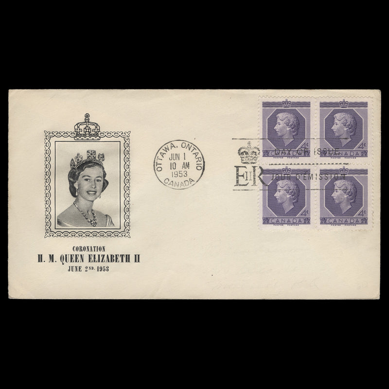 Canada 1953 (FDC) 4c Coronation block, OTTAWA