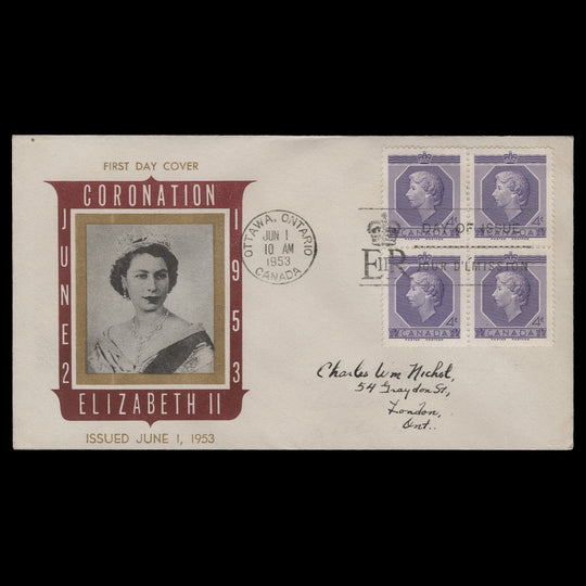 Canada 1953 (FDC) 4c Coronation block, OTTAWA