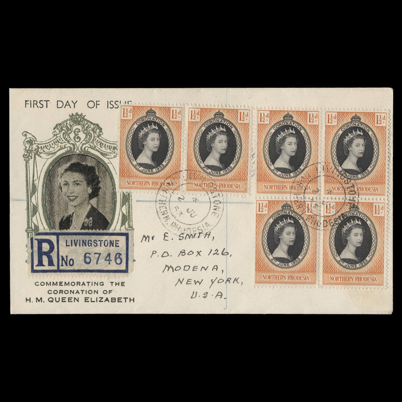 Northern Rhodesia 1953 (FDC) 1½d Coronation pair and block, LIVINGSTONE