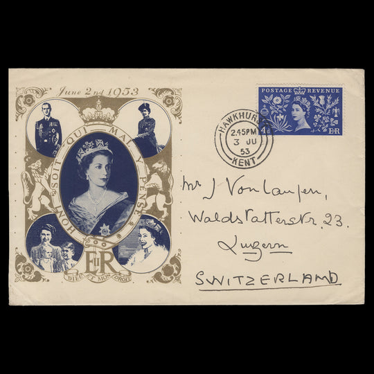 Great Britain 1953 (FDC) 4d Coronation, HAWKHURST