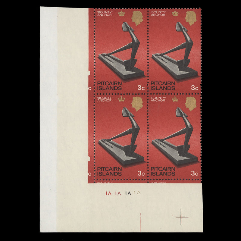 Pitcairn Islands 1969 (MNH) 3c Bounty Anchor plate block