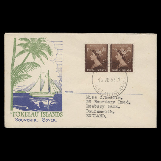 Tokelau 1953 (FDC) 3d Coronation pair, NUKUNONO