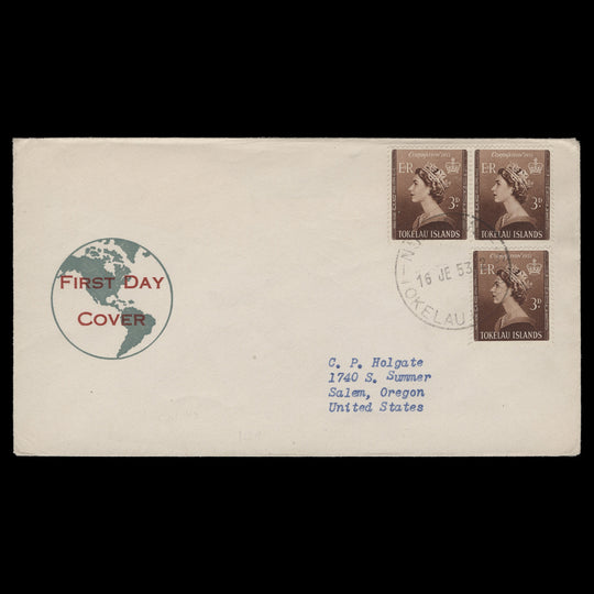 Tokelau 1953 (FDC) 3d Coronation pair and single, NUKUNONO