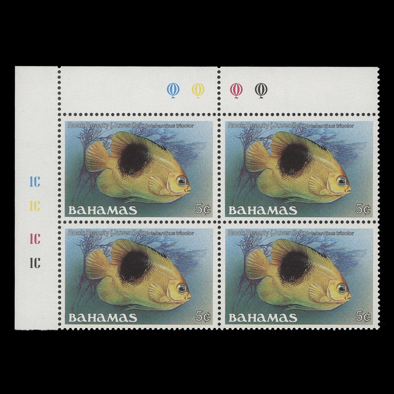 Bahamas 1986 (MNH) 5c Rock Beauty traffic light/plate 1C–1C–1C–1C block