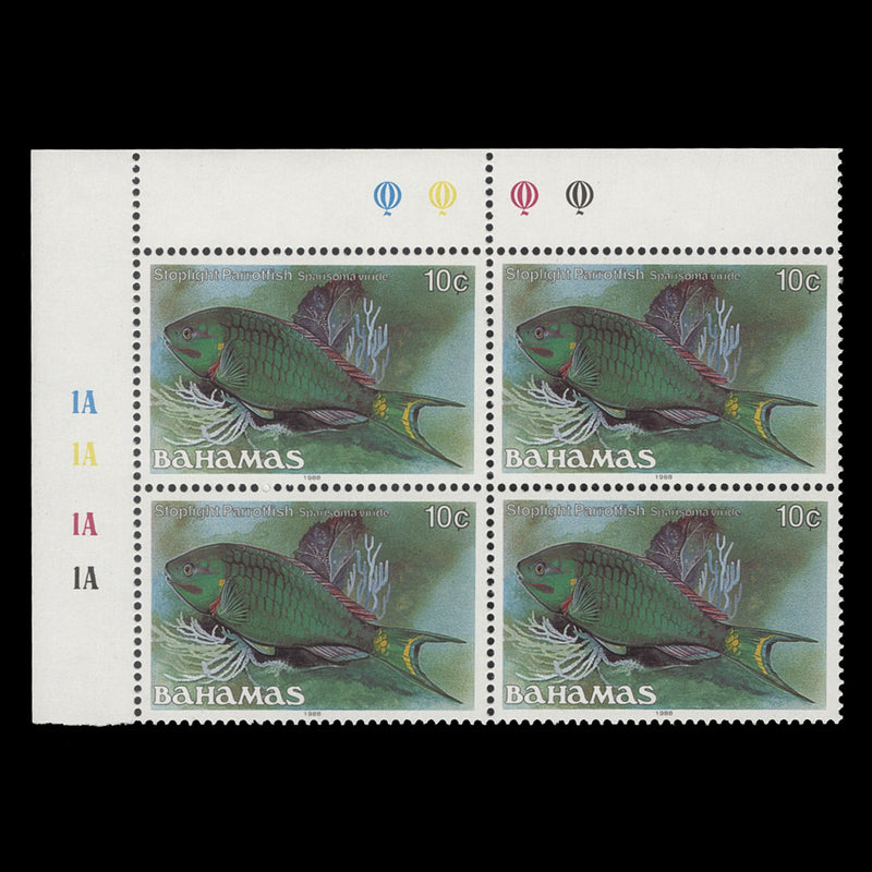 Bahamas 1988 (MNH) 10c Stoplight Parrotfish traffic light/plate 1A–1A–1A–1A block