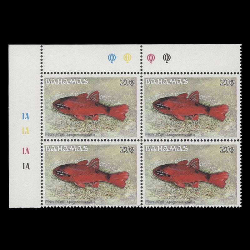 Bahamas 1986 (MNH) 20c Flamefish traffic light/plate 1A–1A–1A–1A block