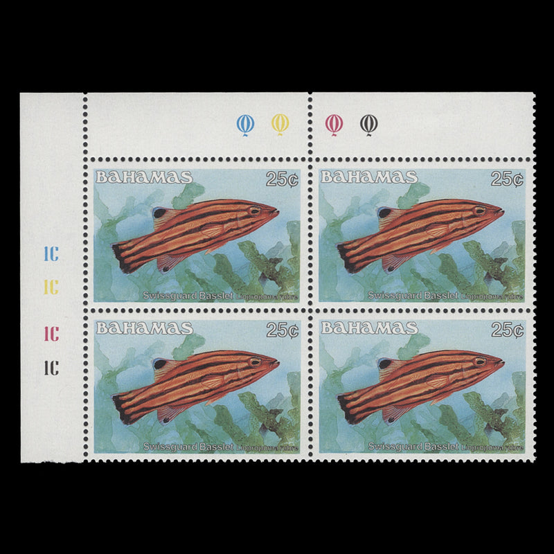 Bahamas 1986 (MNH) 25c Swissguard Basslet traffic light/plate 1C–1C–1C–1C block