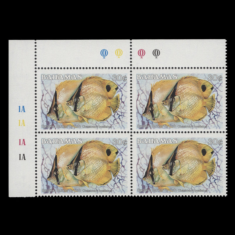 Bahamas 1986 (MNH) 30c Spotfin Butterflyfish traffic light/plate 1A–1A–1A–1A block