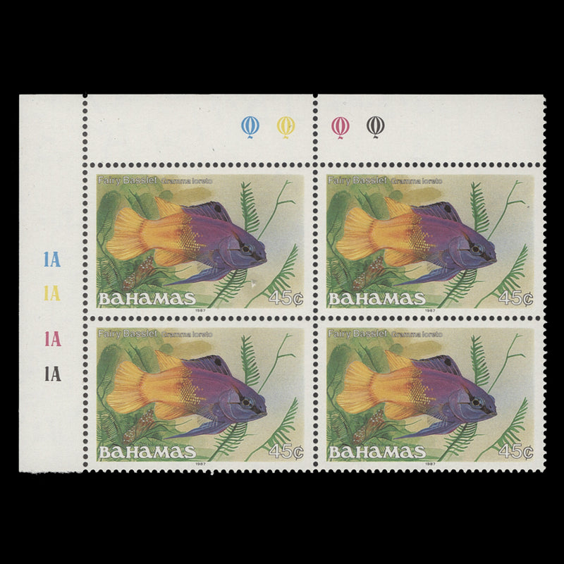 Bahamas 1987 (MNH) 45c Fairy Basslet traffic light/plate 1A–1A–1A–1A block