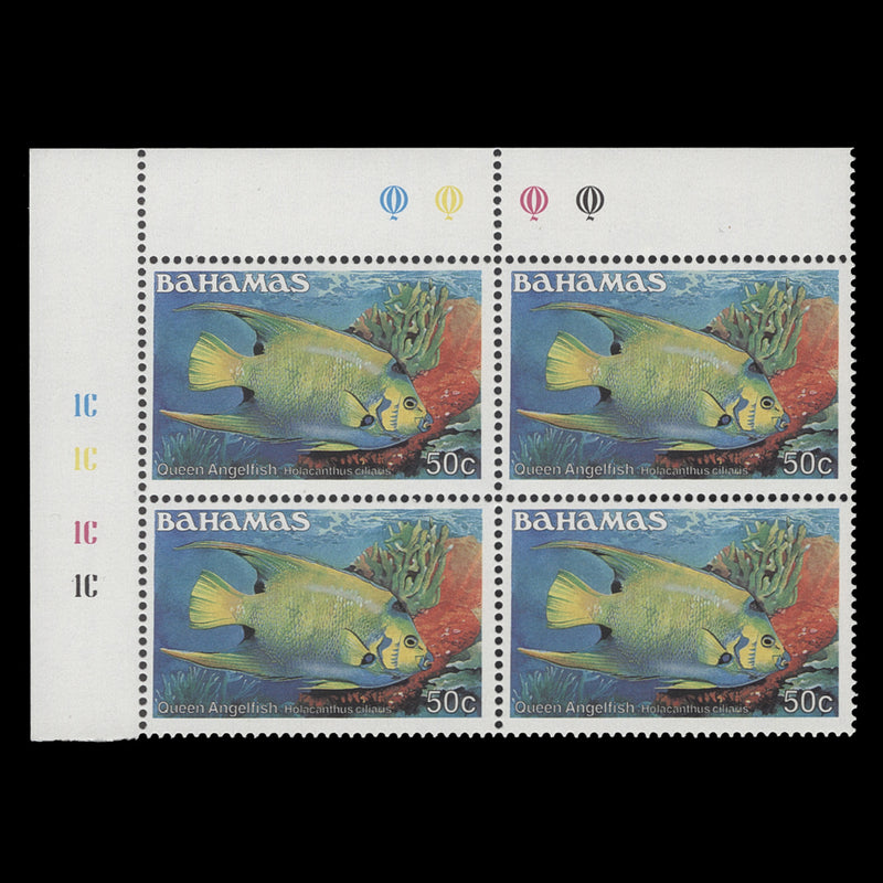 Bahamas 1986 (MNH) 50c Queen Angelfish traffic light/plate 1C–1C–1C–1C block