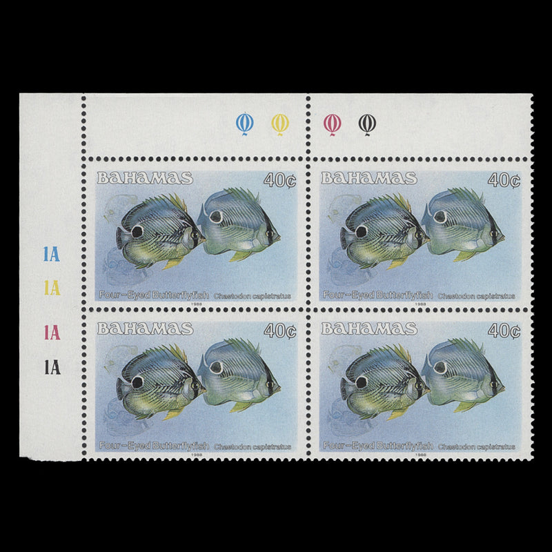 Bahamas 1988 (MNH) 40c Four-Eyed Butterflyfish traffic light/plate 1A–1A–1A–1A block