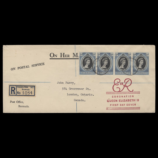 Bermuda 1953 (FDC) 1½d Coronation strip, HAMILTON