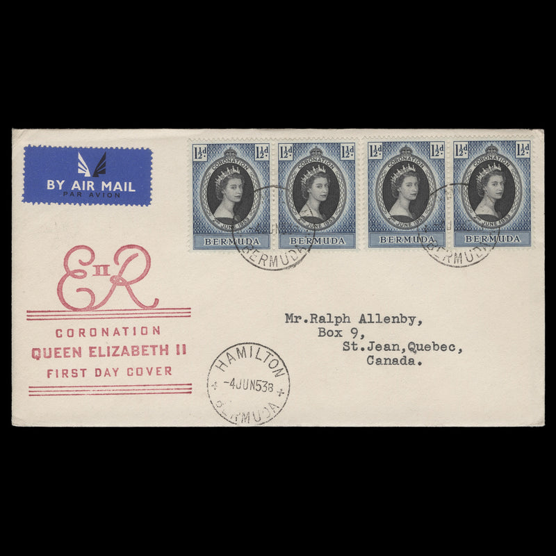Bermuda 1953 (FDC) 1½d Coronation pairs, HAMILTON