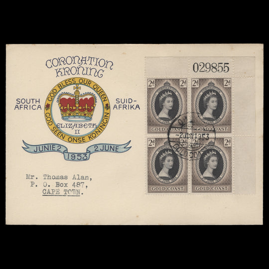 Gold Coast 1953 (FDC) 2d Coronation block, OBUASI