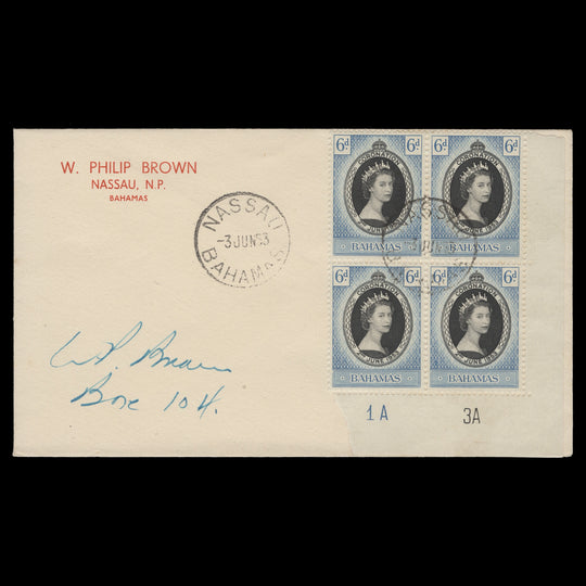 Bahamas 1953 (FDC) 6d Coronation plate 1A–3A block, NASSAU