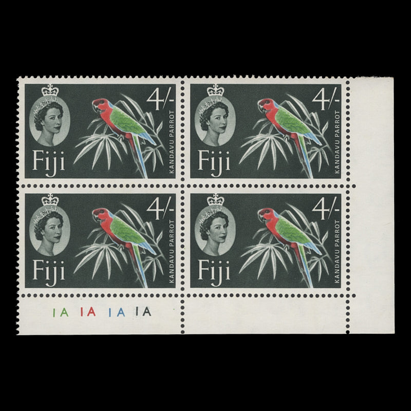 Fiji 1966 (MNH) 4s Kandavu Parrot plate 1A–1A–1A–1A block
