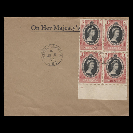 Grenada 1953 (FDC) 3c Coronation block, GRENVILLE