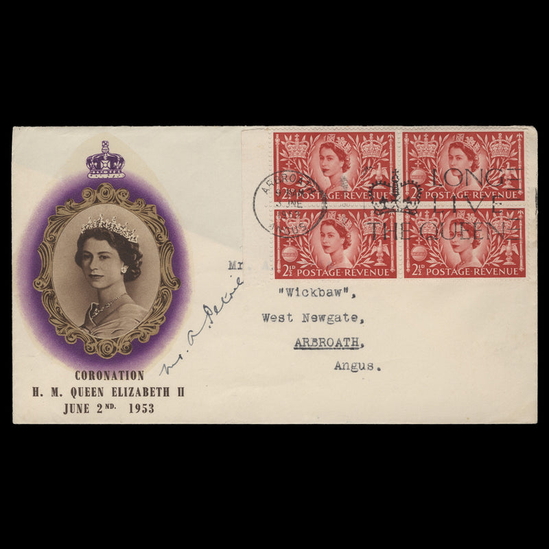 Great Britain 1953 (FDC) 2½d Coronation block, ARBROATH