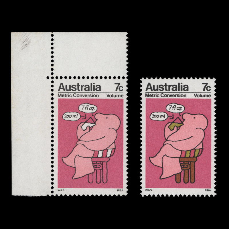Australia 1973 (Error) 7c Metric Conversion, Volume missing olive-brown