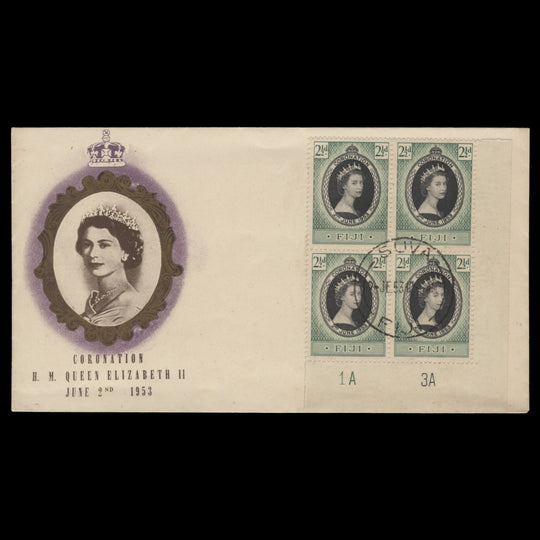 Fiji 1953 (FDC) 2½d Coronation plate 1A–3A block, SUVA