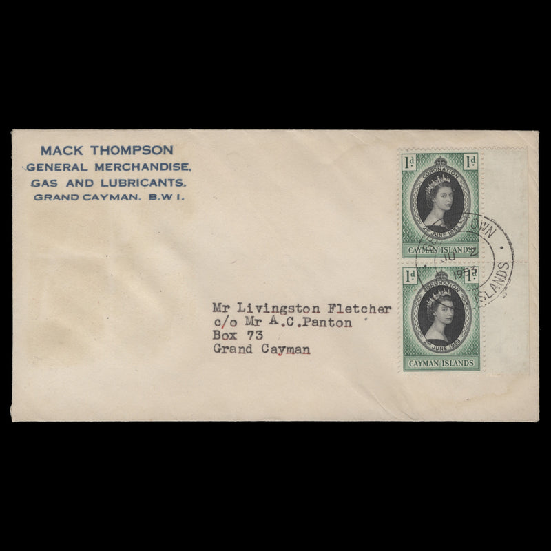 Cayman Islands 1953 (FDC) 1d Coronation pair, GEORGETOWN