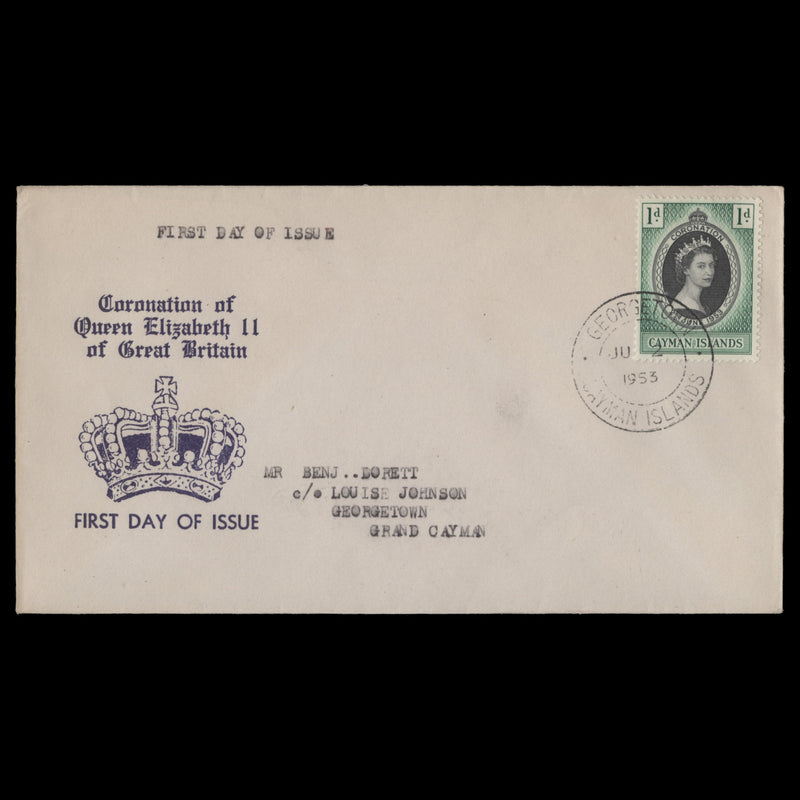 Cayman Islands 1953 (FDC) 1d Coronation, GEORGETOWN