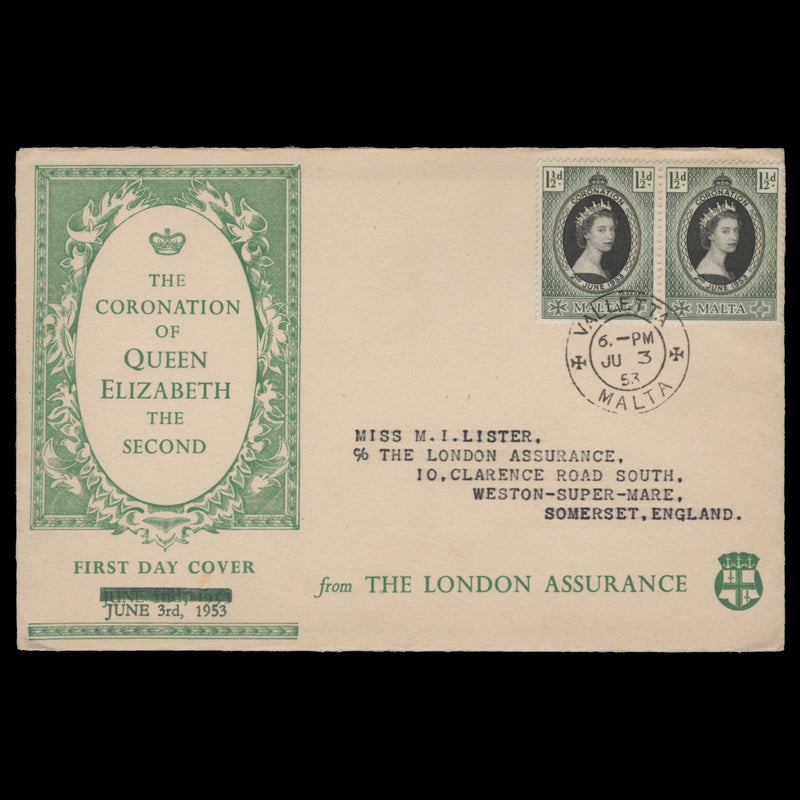 Malta 1953 (FDC) 1½d Coronation pair, VALLETTA