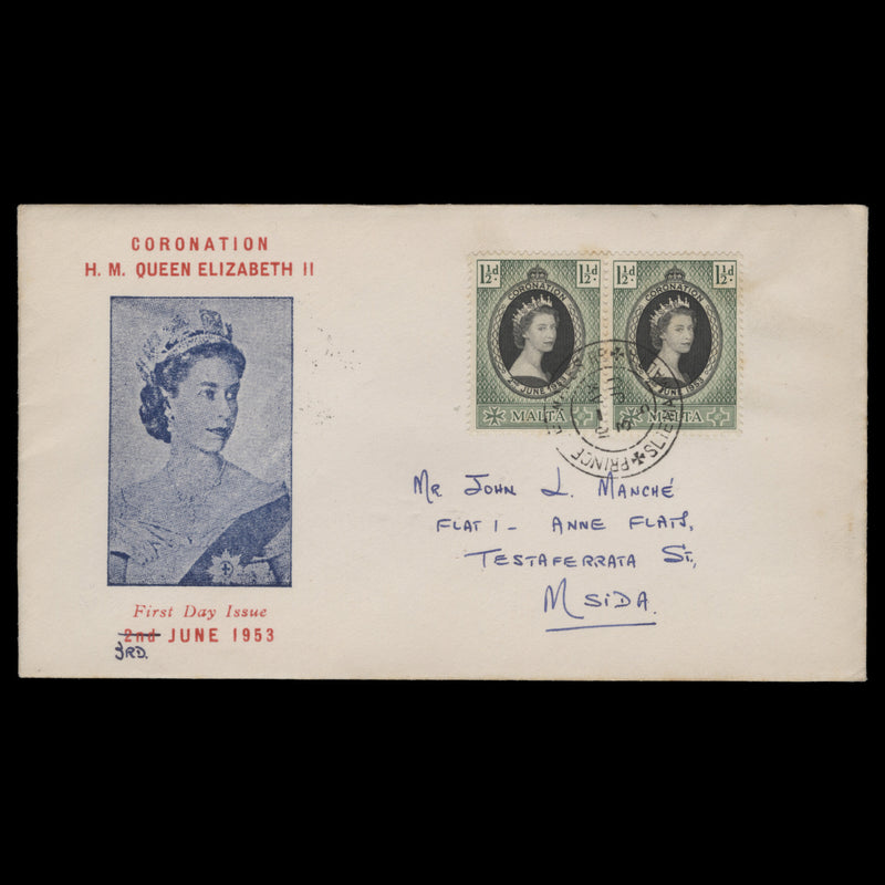 Malta 1953 (FDC) 1½d Coronation pair, PRINCE OF WALES RD
