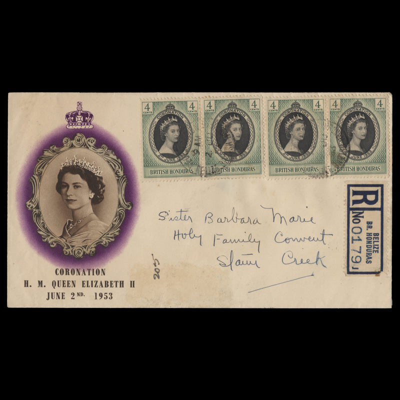 British Honduras 1953 (FDC) 4c Coronation pairs, BELIZE